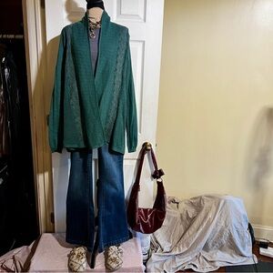 Anthropologie Knitted &Knotted Forest Green Wool Blend Lace Crochet Cardigan L